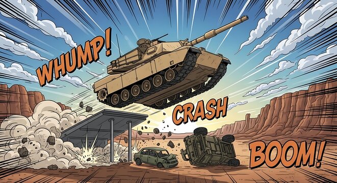 Comic Style Tank Crash Explosion Desert Scene.