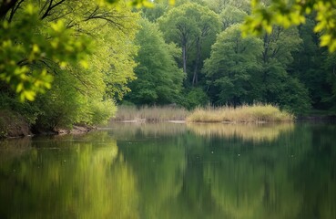 Fototapeta premium Calm lake reflects rich green forest and reeds along shoreline. Sunlight filters through vibrant tree leaves creating tranquil natural scenery. Peaceful water surface.