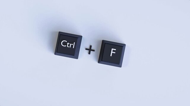 4K 3D Video Animation: Ctrl + F Keyboard Shortcut Keys, Find and Search Function Concept on Light Gray Background
