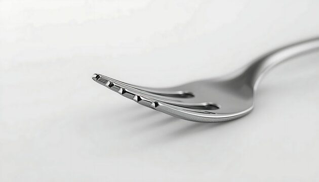 A close-up view of a modern stainless steel fork with uniquely designed, slightly bent tines.