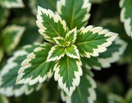 Variegated Plectranthus amboinicus leaves detailed view. Green and white foliage shows intricate natural pattern. Healthy plant grows in garden.
