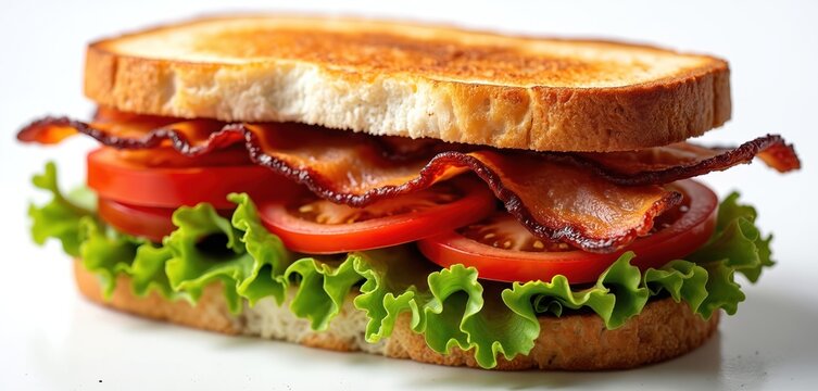 Stacked BLT sandwich with crispy bacon fresh lettuce and ripe tomato slices between toasted bread halves. Delicious food item on white background.