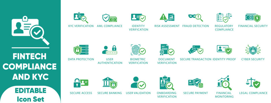 Fintech Compliance and KYC solid Icon Set.risk management,AML,financial security,legal and user authentication vector.

