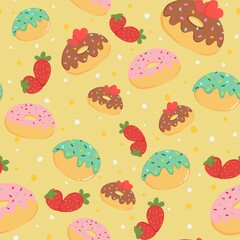 Sweet Kawaii Donut and Strawberry Seamless Pattern on Yellow Background, Cute Hand Drawn Dessert Illustration for Wrapping Paper and Fabric Design