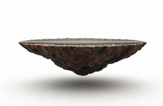 Floating island with asphalt road, soil layers and rock formations. Isolated on white background. Concept for travel, journey, destination or surreal landscape.