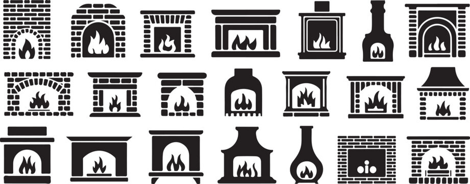 fireplace icon set black and white vector fireplace silhouettes