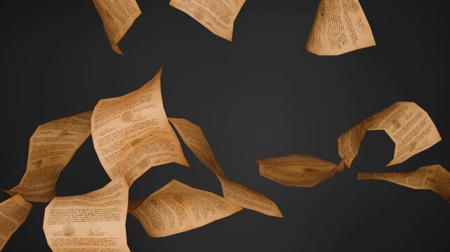 Flying Ancient Manuscripts and Vintage Contracts Scattering in Dark Void - Historical Archive Explosion