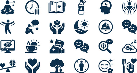 Holistic Wellness and Self-Care Vector Icons Promoting Mental Health, Mindfulness, and Balanced Living