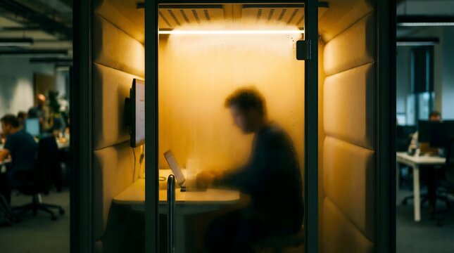 Person working in soundproof office booth pod frosted glass, deep work concentration zone, privacy workspace acoustic furniture, modern corporate interior.