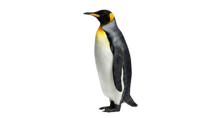Fototapeta premium Majestic King Penguin Standing Isolated on White Background, Adult Antarctic Bird Profile Portrait, Wildlife and Nature Conservation Concept, Flightless Sea Bird with Yellow Neck Detail