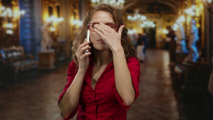 Woman in red shirt using smartphone inside ornate church with chandeliers, surrounded by dim lighting and elegant decor, appears focused on conversation. © Krakenimages.com