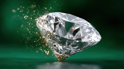 Fototapeta premium Sparkling diamond on emerald background with gold dust explosion