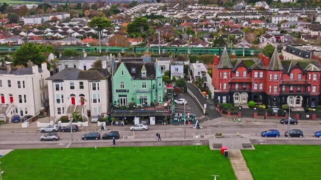 Aerial View of Unique Victorian Houses in Coastal Town of Bray, Ireland