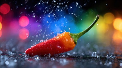 Vibrant red chili pepper with water droplets on colorful bokeh background