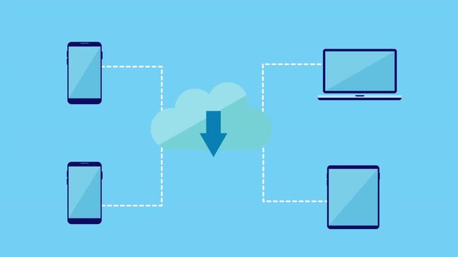 Flat vector illustration of a cloud with a downward arrow connected to multiple mobile and desktop devices, symbolizing data download, cloud storage, and synchronization on a blue background.
