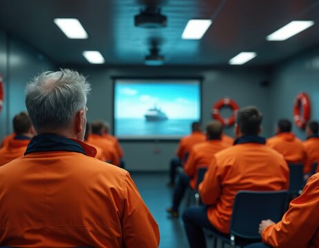New sailors attend safety briefing on vessel. Trainees watch presentation about maritime discipline and ship operations. Crew learns procedure and compliance in classroom setting.
