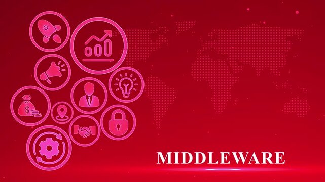Business concept icons in circles on a red digital world map background with the word MIDLEWARE