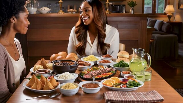 Two happy African American women laugh while enjoying a traditional Brazilian feast featuring picanha steak feijoada pastels and fresh lime juice at a wooden table