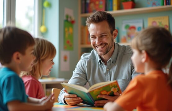Smiling man reads book to young kids in kindergarten. Children listen attentively during class. Teacher shares story time, promoting early learning and development in joyful school environment.