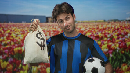 Naklejka premium Man in blue soccer jersey holding a money bag by the drawstring and cradling a soccer ball in studio with tulip field backdrop; playful confidence.