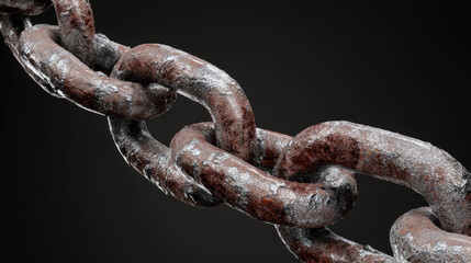 Fototapeta premium Rusty metal chain link close up with textured surface and dark background, showing heavy industrial strength and aged durability