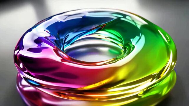 Abstract rainbow fluid torus reflecting light, motion background, 3D render