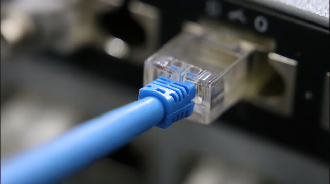 Blue ethernet cable plugged into network port, close up view showing connection detail and technology use for internet access