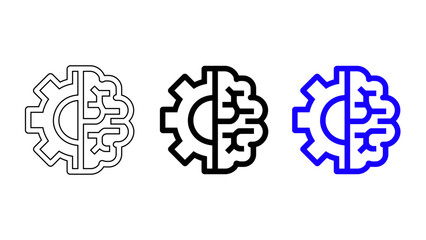 Artificial intelligence brain gear icon in outline and blue styles for machine learning and technology