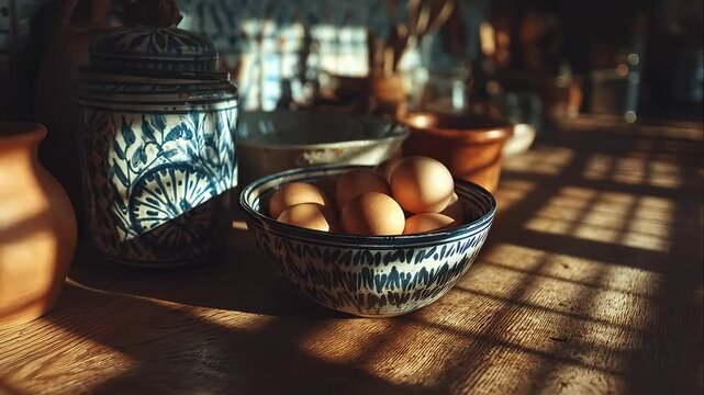 Bowl filled with fresh eggs sits on wooden table in rustic kitchen. Natural light creates patterns from window shadows. Concept of food preparation, cooking, kitchenware