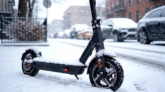 Electric Scooter with Fresh Snow on Quiet Winter Street, Snowy Micro-Mobility for Urban Commuting, Sustainable Transport Blogs, Cold Weather Technology, and Eco-Friendly Websites