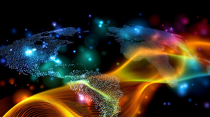 Digital artwork showing a colorful map of the world with bright lights and swirling patterns against a black background