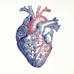 Fototapeta premium Anatomical heart drawing featuring ornate floral patterns. Decorative human heart combining anatomical and intricate floral designs on a white background