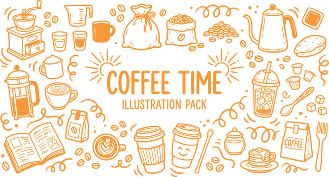 Comprehensive coffee time doodle set with iced coffee and book