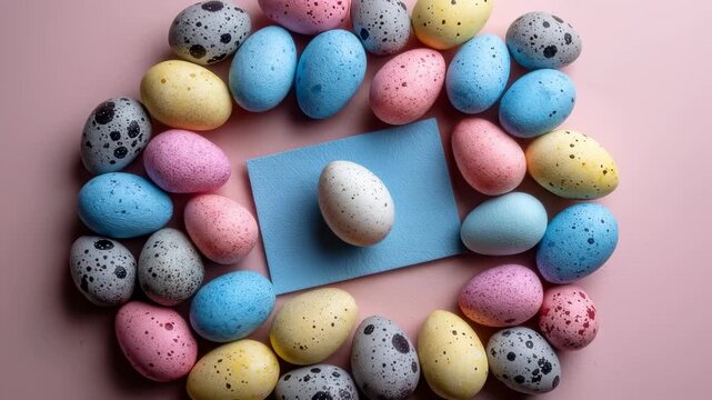 Colorful Easter eggs surround single white egg on blue paper. Eggs feature various colors and patterns. Setting includes soft pastel background. Concept of celebration, holiday decorations, retail