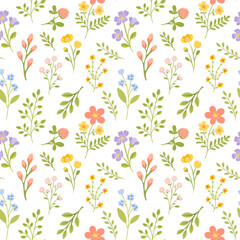 Floral Pattern with Spring Botanical Leaf and Plant Seamless Vector Illustration