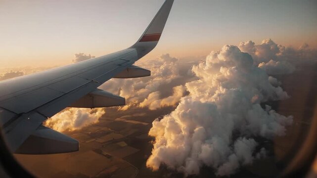 Airplane wing flying over clouds through airplane window at sunset