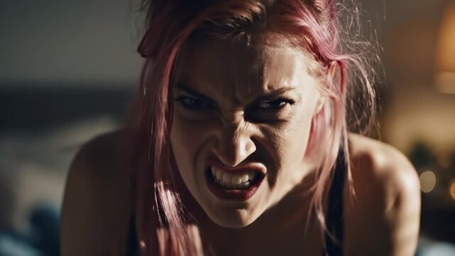 Angry pink-haired woman screaming in domestic violence situation at home