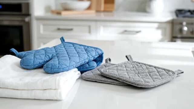 Blue and gray oven mitts on white towels on a kitchen counter with kitchen appliances in the background, used for home decor or cooking