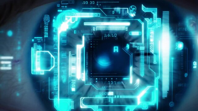 Close-up of human eye with futuristic blue interface and digital elements in the iris, against a dark background, possibly used for technology or innovation concepts