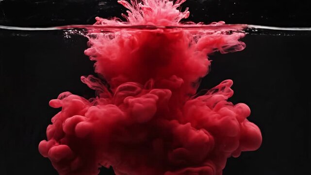 Dynamic red ink cloud blooming underwater slow motion abstract explosion vibrant fluid
