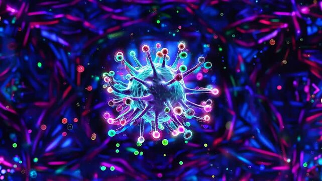 Colorful digital illustration of a glowing virus or microbe with vibrant, protruding protrusions, floating in a mesmerizing green and blue background, commonly used for science or medical concepts