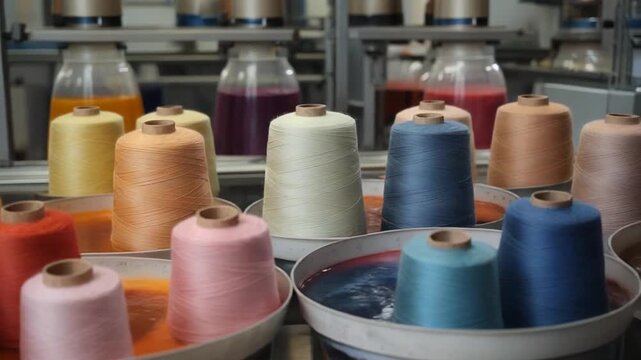 Colorful spools of thread on metal trays in a factory setting with shelves of dye containers in the background