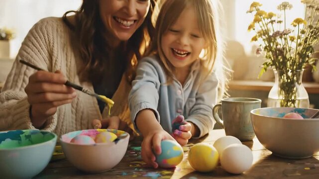 Mother and child decorate Easter eggs with colorful paints. Fun activity taking place at home in sunny kitchen during spring season. Concept of family time, crafting, holiday decorations