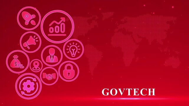 Govtech concept with glowing pink icons and world map on red background government technology public sector