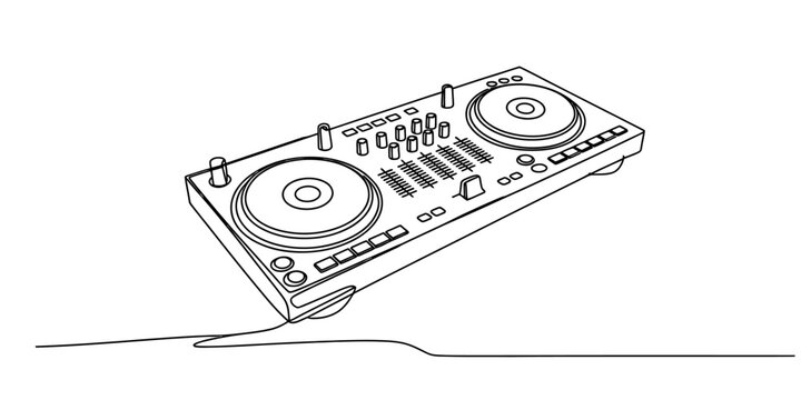 Continuous line art of a modern dj controller, perfect for music and electronic sound design