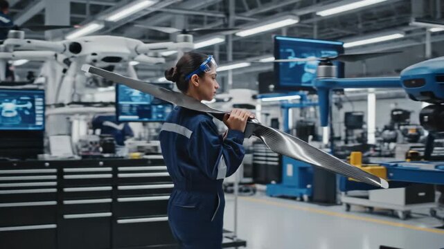 Inside a bustling workshop, an engineer showcases her expertise by carefully lifting and adjusting a large carbon fiber component among high-tech machinery.