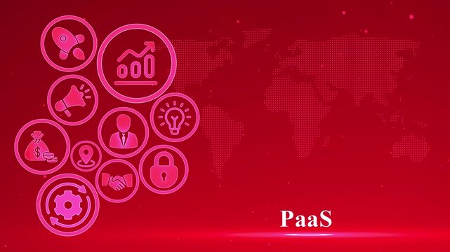 Paa S concept with glowing pink icons and world map on red background paas platform as a service