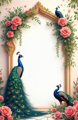 Naklejka premium Elegant frame with peacocks and pink roses on gold arch. Floral leaves adorn ornate border for wedding or event. Beautiful decorative ornate garden design.