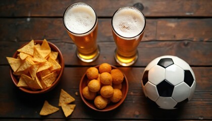 Naklejka na ściany i meble Two glasses of beer and snacks with soccer ball on wood table. Perfect for watching sports game or celebrating victory. Enjoying match with friends, good times and food.
