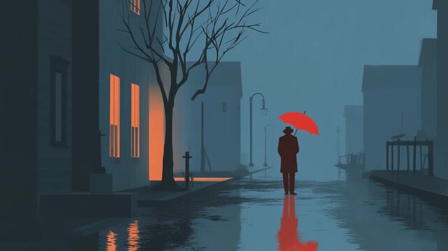 Minimal 2D flat motion illustration of a man with an umbrella standing alone on a wet midwestern street at night, retro American city, moody reflections, cinematic atmosphere